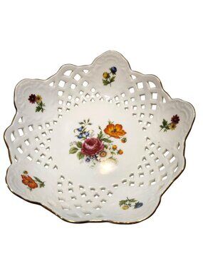 Vintage K&K 1884 Porcelain Pierced Lattice Bowl With Floral Design & Gold Trim